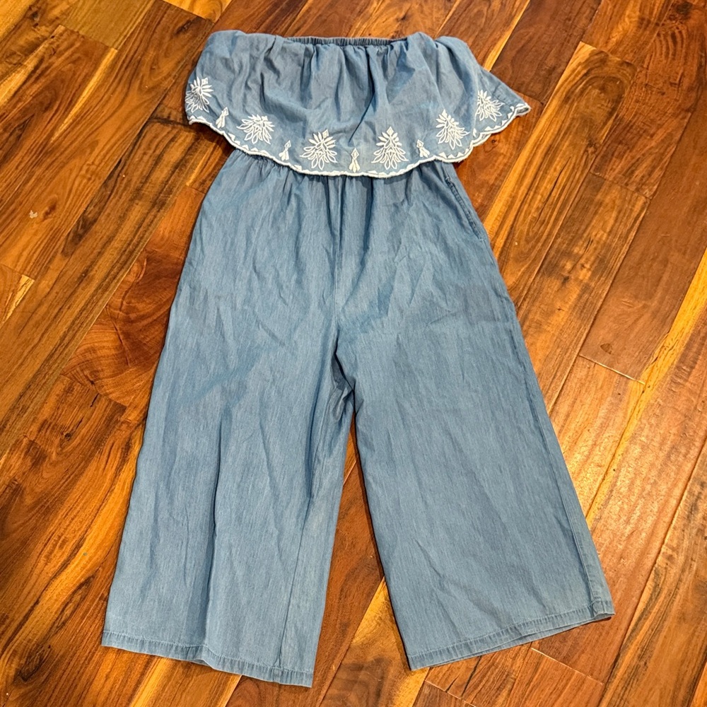 Women’s chambray tube top jumpsuit with Embroidered Detail